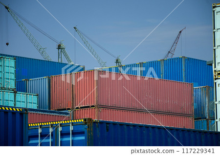 containers awaiting transport and at the back there is a crane to lift the cargo container containers awaiting transport and at the back there is a crane to lift the cargo container 117229341