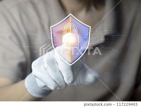 Keypad, cyber shield, lock, technology security system. Digital link. Cyber security with advanced technology. Keypad, cyber shield, lock, technology security system. Digital link. Cyber security with advanced technology. 117229403