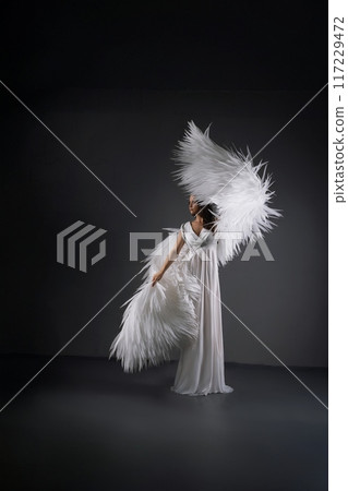 Woman In White Dress With Feather Wings 117229472