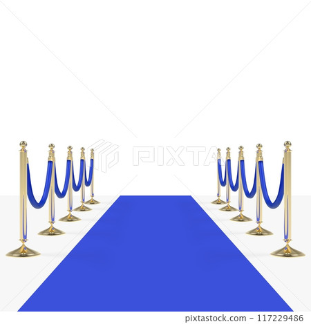 Blue carpet with blue ropes on golden stanchions 117229486