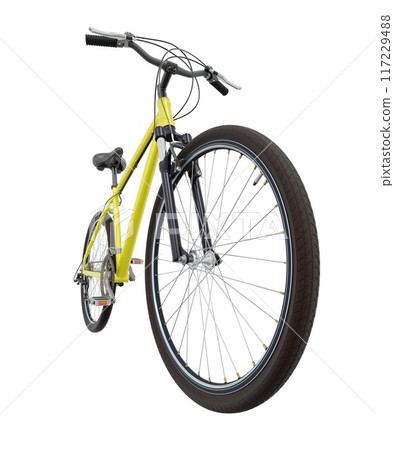 Yellow bicycle, front side view with wide angle shot isolated on white background, 3D illustration 117229488