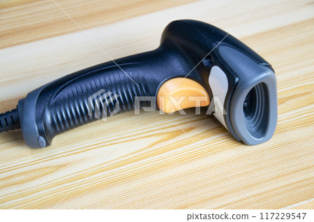 barcode scanner Placed on wooden floor 117229547