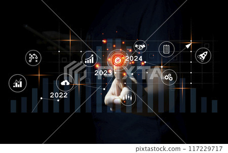 Stock market strategy planning, business growth or success, businessman or trader holding hands showing virtual stock hologram, investing in trading, year 2024 Stock market strategy planning, business growth or success, businessman or trader holding hands showing virtual stock hologram, investing in trading, year 2024 117229717