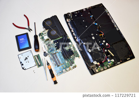 Top view. Notebook computer motherboard, motherboard and circuit repair. Top view. Notebook computer motherboard, motherboard and circuit repair. 117229721