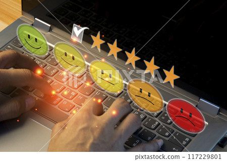 Users rate their service experience on the online application for a customer satisfaction survey concept.. 117229801