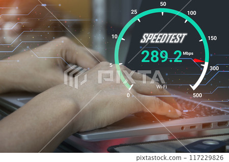 fast internet connection speedtest network bandwidth technology Man using high speed internet with smartphone and laptop computer. 5G quality, speed optimization. fast internet connection speedtest network bandwidth technology Man using high speed internet with smartphone and laptop computer. 5G quality, speed optimization. 117229826