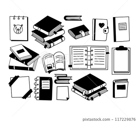 Books doodles. Notebooks, magazines, closed and open, stacks folded literature and reminder sheets, notes. Vector illustration. Isolated hand drawing for design and decoration 117229876