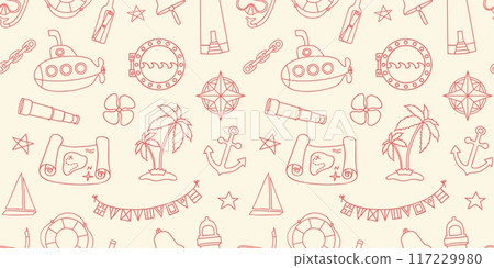 Nautical style seamless wallpaper with hand drawn elements in line art style 117229980