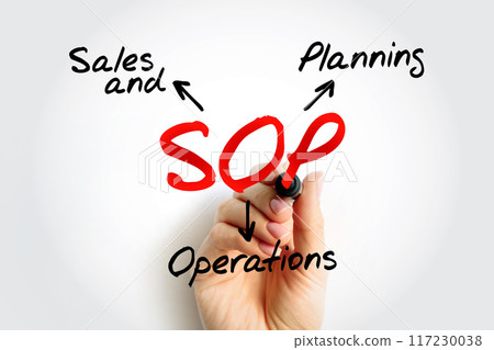 SOP Sales and Operations Planning - monthly integrated business management process that empowers leadership to focus on key supply chain drivers, acronym text concept background SOP Sales and Operations Planning - monthly integrated business management process that empowers leadership to focus on key supply chain drivers, acronym text concept background 117230038