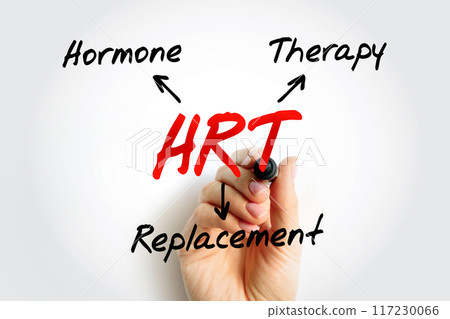 HRT - Hormone Replacement Therapy acronym, medical concept background HRT - Hormone Replacement Therapy acronym, medical concept background 117230066