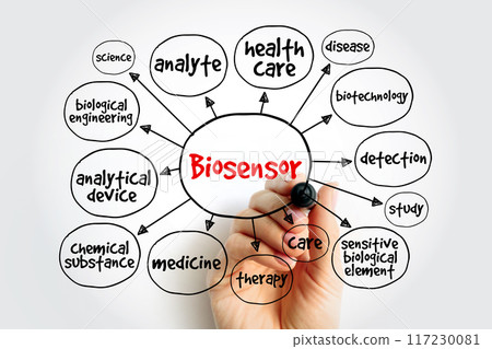 Biosensor is an analytical device, used for the detection of a chemical substance, mind map concept background 117230081
