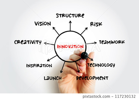 Innovation is the practical implementation of ideas that result in the introduction of new goods or services, mind map concept background Innovation is the practical implementation of ideas that result in the introduction of new goods or services, mind map concept background 117230132
