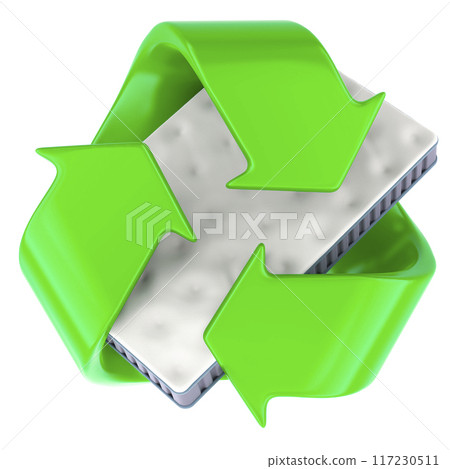 Mattress Recycling, concept. Recycle symbol with mattress, 3D rendering 117230511