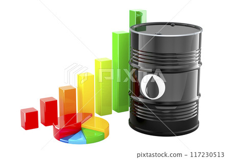 Oil barrel with growth bar graph and pie chart, 3D rendering Oil barrel with growth bar graph and pie chart, 3D rendering 117230513