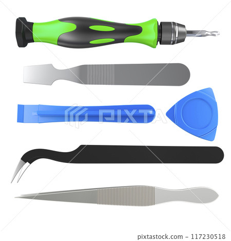 Professional Repair Tool Kit for Electronics. Metal spudger, plastic spudger, triangle opening pick, tweezers and precision screwdriver. 3D rendering Professional Repair Tool Kit for Electronics. Metal spudger, plastic spudger, triangle opening pick, tweezers and precision screwdriver. 3D rendering 117230518