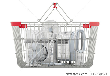 Shopping of cooling system and climate control equipment. Air conditioner, portable air conditioner and different electric fans inside shopping basket. 3D rendering Shopping of cooling system and climate control equipment. Air conditioner, portable air conditioner and different electric fans inside shopping basket. 3D rendering 117230521