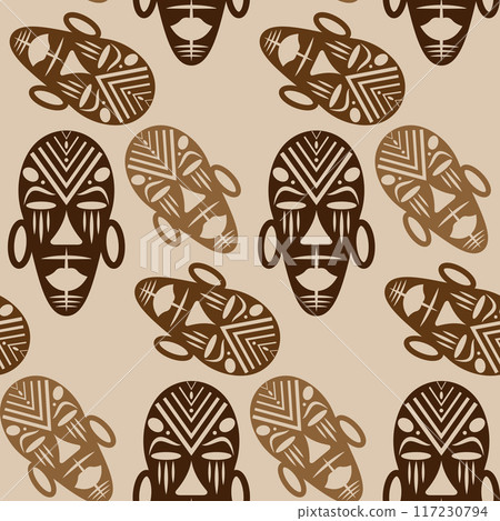 Seamless African background, ethnic tribal mask pattern, Primitive ritual masks of savages. Texture of vintage Afro Art design. Aztec Indian Maya Mexican traditional native culture in brown color Seamless African background, ethnic tribal mask pattern, Primitive ritual masks of savages. Texture of vintage Afro Art design. Aztec Indian Maya Mexican traditional native culture in brown color 117230794