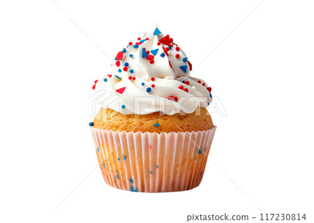 A freshly baked cupcake or muffin topped with rich creamy frosting and chocolate sprinkles, perfect for celebrations. Isolated on white transparent background A freshly baked cupcake or muffin topped with rich creamy frosting and chocolate sprinkles, perfect for celebrations. Isolated on white transparent background 117230814
