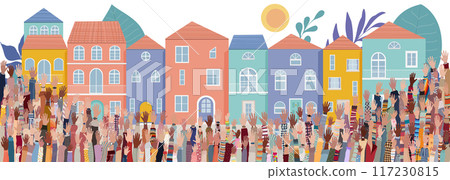 Community and sharing between neighbors. Neighborhood concept meeting or acts of care - care jobs. Raised hands of men women and children of diverse cultures with a background of houses 117230815
