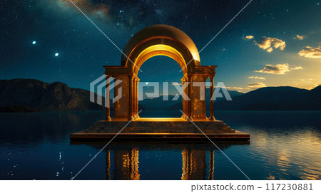 Lake of Dreams: Ancient Arch in Golden Midnight Splendor 117230881