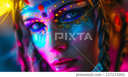 Ethereal Neon Portrait: Woman Adorned with Tribal Facepaint in Cinematic Hue 117231002