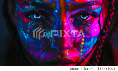 Neon Dreams: Close-Up of Woman's Intricate Neon Facepaint in Cinematic Brilliance 117231003