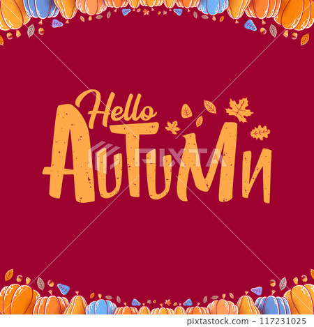 vector hello autumn banner or label with text and falling autumn leaves on red background. Cartoon hello autumn poster or banner vector hello autumn banner or label with text and falling autumn leaves on red background. Cartoon hello autumn poster or banner 117231025