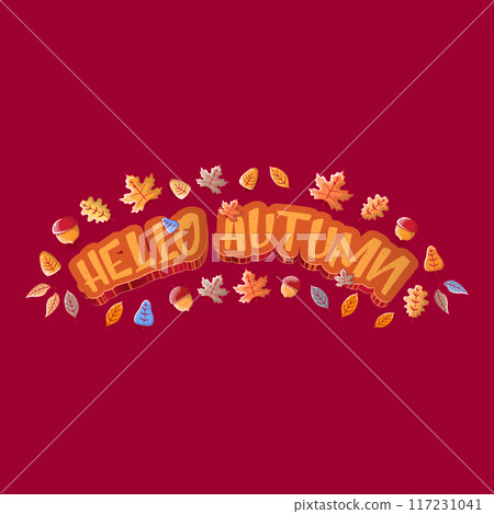 vector hello autumn banner or label with text and falling autumn leaves on red background. Cartoon hello autumn poster or banner 117231041