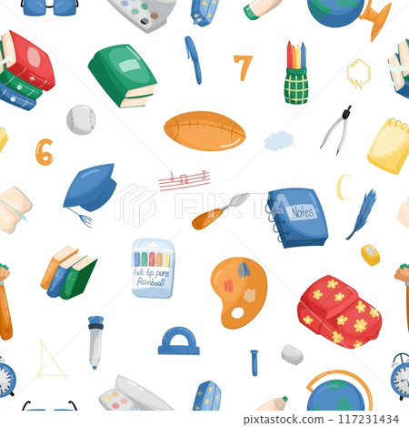 Childrens cute school. School supplies pattern. Back to school concept. Seamless pattern of school elements. Childrens cute school. School supplies pattern. Back to school concept. Seamless pattern of school elements. 117231434