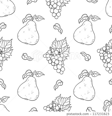 Seamless pattern with outline fruits pear and bunch grapes on white background. Line hand drawing. Vector illustration. 117231623