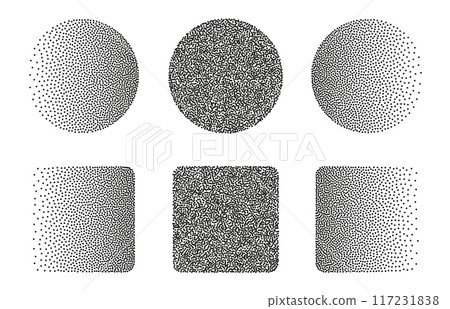 Dotwork abstract shapes, circle and square in black grain texture 117231838
