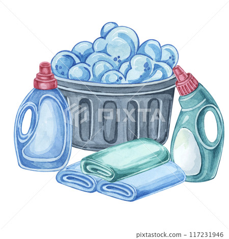 Laundry washing bin with detergent, fabric softener, stain remover and folded linen. Clothes cleaning watercolor illustration. Clipart for laundromats, maid service, housekeeping supplies packaging 117231946