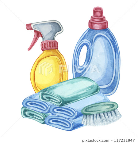 Towels and bottle of fabric softener or laundry detergent. Rags, linen with stain remover, textile conditioner, bleach refill container. Watercolor clipart for laundry service, housekeeping ,washing Towels and bottle of fabric softener or laundry detergent. Rags, linen with stain remover, textile conditioner, bleach refill container. Watercolor clipart for laundry service, housekeeping ,washing 117231947
