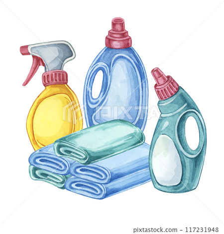 Towels and bottle of fabric softener or laundry detergent. Rags, linen with stain remover, textile conditioner, bleach refill container. Watercolor clipart for laundry service, housekeeping ,washing 117231948