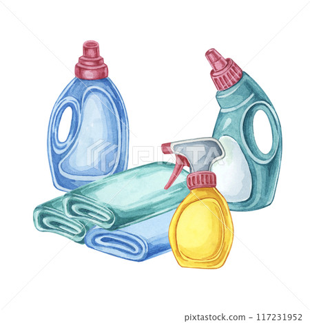 Towels and bottle of fabric softener or laundry detergent. Rags, linen with stain remover, textile conditioner, bleach refill container. Watercolor clipart for laundry service, housekeeping ,washing Towels and bottle of fabric softener or laundry detergent. Rags, linen with stain remover, textile conditioner, bleach refill container. Watercolor clipart for laundry service, housekeeping ,washing 117231952