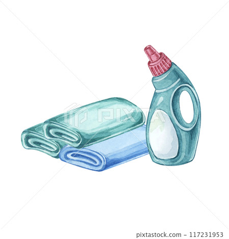Towels with bottle of fabric softener or laundry detergent. Rags, linen with stain remover, textile conditioner, bleach refill container. Watercolor clipart for laundry service, housekeeping ,washing Towels with bottle of fabric softener or laundry detergent. Rags, linen with stain remover, textile conditioner, bleach refill container. Watercolor clipart for laundry service, housekeeping ,washing 117231953