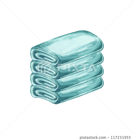 Pile of rags, washcloth or towels from cotton or microfiber material. Household cleaning utensil watercolor illustration. Clipart for housekeeping, laundry services, sticker, flyer, and posters Pile of rags, washcloth or towels from cotton or microfiber material. Household cleaning utensil watercolor illustration. Clipart for housekeeping, laundry services, sticker, flyer, and posters 117231955