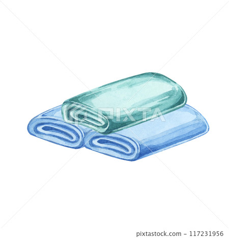 Pile of rags, washcloth or towels from cotton or microfiber material. Household cleaning utensil watercolor illustration. Clipart for housekeeping, laundry services, sticker, flyer, and posters Pile of rags, washcloth or towels from cotton or microfiber material. Household cleaning utensil watercolor illustration. Clipart for housekeeping, laundry services, sticker, flyer, and posters 117231956