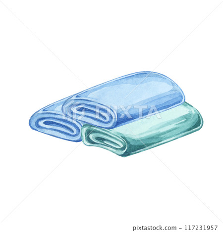 Pile of rags, washcloth or towels from cotton or microfiber material. Household cleaning utensil watercolor illustration. Clipart for housekeeping, laundry services, sticker, flyer, and posters Pile of rags, washcloth or towels from cotton or microfiber material. Household cleaning utensil watercolor illustration. Clipart for housekeeping, laundry services, sticker, flyer, and posters 117231957