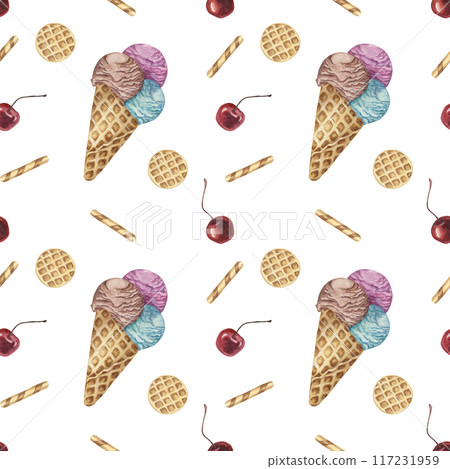 Ice cream cones, waffles and cherries watercolor seamless pattern. Whimsical hand painted clipart for textiles, wallpaper, packaging. Sweet dessert theme fabric for summer decor and scrapbooking Ice cream cones, waffles and cherries watercolor seamless pattern. Whimsical hand painted clipart for textiles, wallpaper, packaging. Sweet dessert theme fabric for summer decor and scrapbooking 117231959