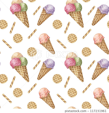 Ice cream in whimsical pastel colors seamless pattern. Retro 1950s watercolor confectionary clipart. Dessert backdrop design for textile, wrapping paper, scrapbooking, gelato or sorbet packaging 117231961
