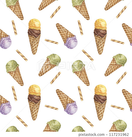 Ice cream scoops in the waffle cone seamless pattern. Lemon, chocolate, lavender, matcha flavors treat clipart Dessert watercolor print for textile, wallpaper, napkin, ice cream parlor design, covers Ice cream scoops in the waffle cone seamless pattern. Lemon, chocolate, lavender, matcha flavors treat clipart Dessert watercolor print for textile, wallpaper, napkin, ice cream parlor design, covers 117231962