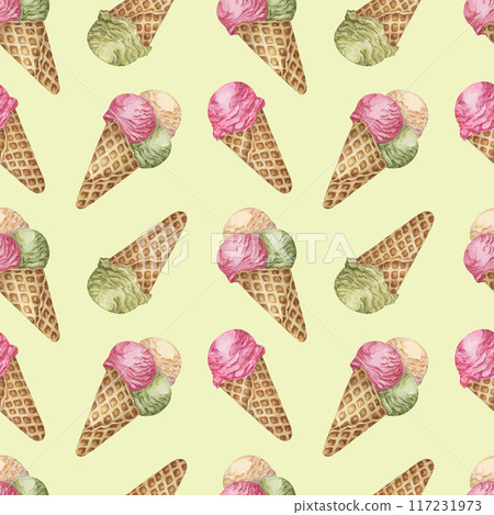 Ice cream scoops in the waffle cone seamless pattern. Vanilla, berry, pistachio or matcha flavors treat clipart Dessert watercolor print for textile, wallpaper, napkin, ice cream parlor design, covers 117231973