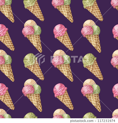 Ice cream scoops in the waffle cone seamless pattern. Vanilla, berry, pistachio or matcha flavors treat clipart Dessert watercolor print for textile, wallpaper, napkin, ice cream parlor design, covers 117231974
