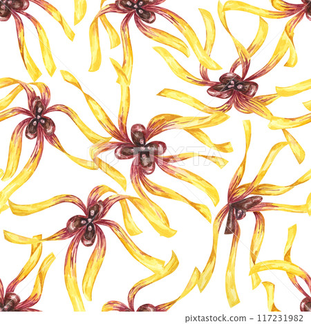 Yellow hamamelis flowers seamless pattern. Witch hazel vibrant floral textile, cosmetics packaging clipart. Botanical print for kitchen, curtains, home textile, herbal medicine, natural remedy labels Yellow hamamelis flowers seamless pattern. Witch hazel vibrant floral textile, cosmetics packaging clipart. Botanical print for kitchen, curtains, home textile, herbal medicine, natural remedy labels 117231982
