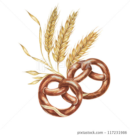 Pretzels with backdrop of golden wheat ears. Watercolor illustration for culinary, bakery, Oktoberfest designs in realistic style. Cereal grain and backed snack clipart for flyers, posters, brewery 117231986