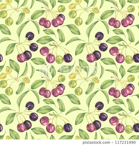 Maqui berry, purple pink fruit seamless pattern with leaves. Aristotelia chilensis textile watercolor ornament clipart. Vibrant Chilean wineberry print for clothing, paper, scrapbooking, wallpaper 117231990