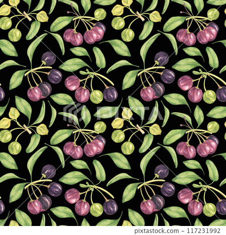 Maqui berry, purple pink fruit seamless pattern with leaves. Aristotelia chilensis textile watercolor ornament clipart. Vibrant Chilean wineberry print for clothing, paper, scrapbooking, wallpaper 117231992