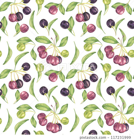 Maqui berry, purple pink fruit seamless pattern with leaves. Aristotelia chilensis textile watercolor ornament clipart. Vibrant Chilean wineberry print for clothing, paper, scrapbooking, wallpaper 117231999