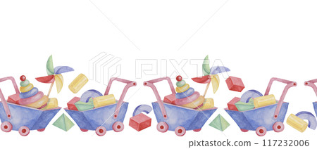 Toys seamless border, rings pyramid with pinwheel, wheelbarrow cart ribbon clipart. Watercolor play objects wallpaper for nursery decor, fabric, baby shower, girl toddler room, cards 117232006